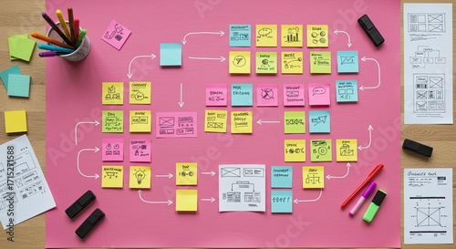 Creative Project Planning with Sticky Notes and UX Wireframe Sketches on a Desk