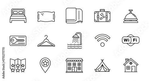 Collection of Hotel and Travel Related Black Line Icons, Simple Outlines.