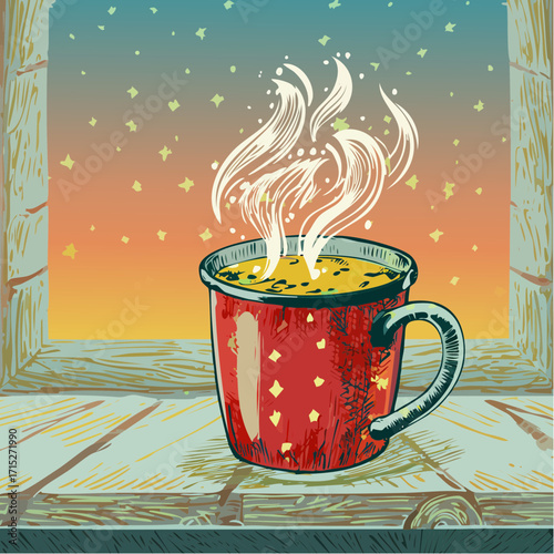 steaming enamel mug charcoal sketch with condensation grain and warmth