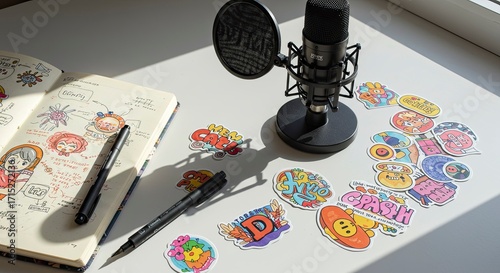 Creative Workspace: Microphone, Sketchbook, and Vibrant Stickers on White Desk in Natural Light