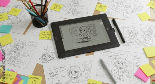 Creative workspace of a comic book artist with storyboards and a graphic tablet.