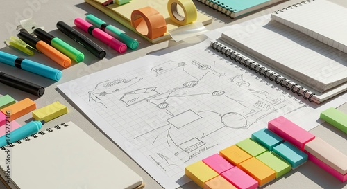 Creative Workspace: Sketching Car Designs with Colorful Markers and Sticky Notes