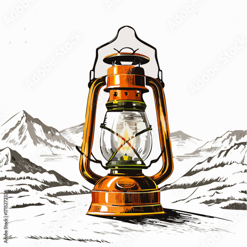 vintage lantern charcoal sketch with glass and metal grain layers