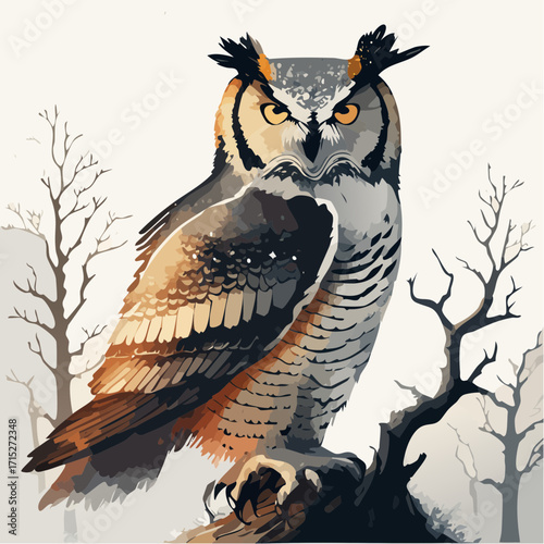 great horned owl charcoal sketch with feather and ice-flake grain layers