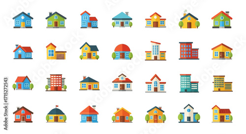 A diverse collection of colorful flat design vector icons depicting various houses, buildings, and real estate properties.