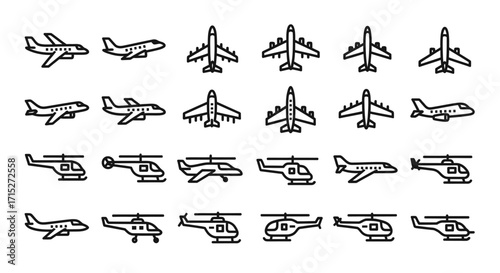 A diverse set of black line art icons featuring airplanes and helicopters from various angles, including side, top, and front views.