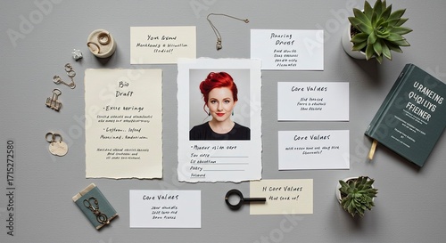 Creative Workspace with Portrait, Handwritten Notes, and Succulents on Gray Surface