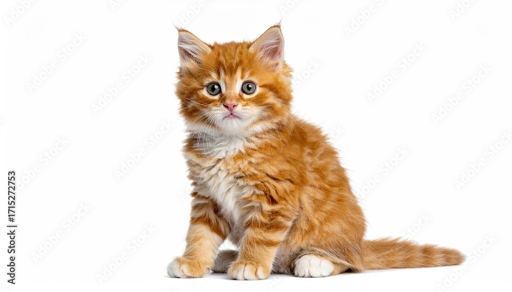 Obraz premium Cute Orange Kitten with Fluffy Fur Sits Posing on White Background in Bright Lighting, Studio Shot, Isolated