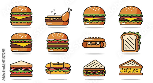 Assorted Fast Food Icons - Burgers, Sandwiches, Hot Dog, and Fried Chicken.