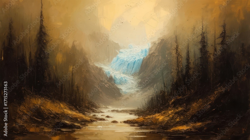 Obraz premium Glacial valley, autumnal hues, misty mountain range