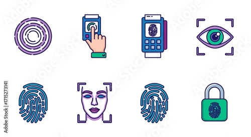 Biometric Authentication Icons - Fingerprint, Eye Scan, Face Recognition, and Security Lock.