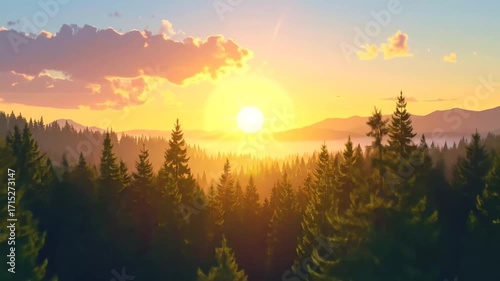 Forest Sunrise: Golden Light Over Evergreen Trees Landscape