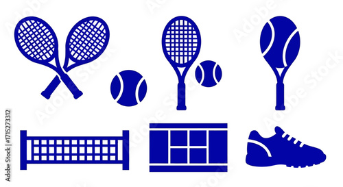Blue Tennis Icons - Rackets, Balls, Net, Court, Shoe.