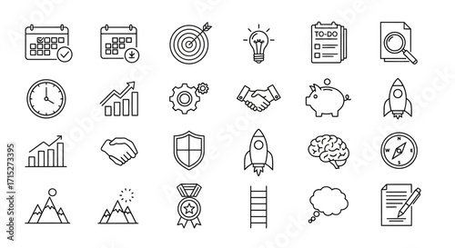 Business and Strategy Icons - Calendar, Target, Lightbulb, Handshake, Rocket, Brain, Compass.