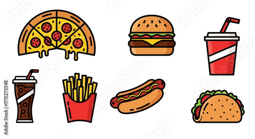 Cartoon Fast Food Icons - Pizza, Burger, Drink, Fries, Hotdog, and Taco.