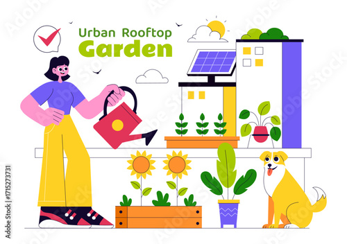 Urban Farming Rooftop Garden Vector Illustration Featuring Eco Agriculture Gardening on the Roof with Growing Plants and Cultivation of Nature