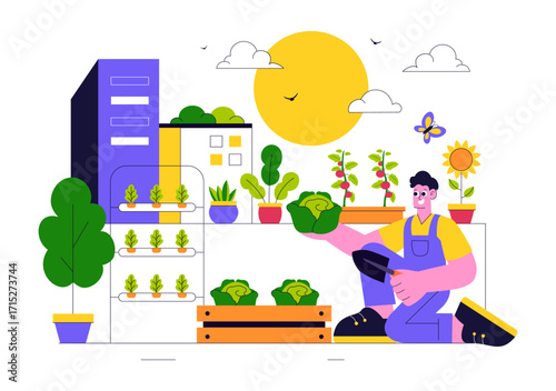 Urban Farming Rooftop Garden Vector Illustration Featuring Eco Agriculture Gardening on the Roof with Growing Plants and Cultivation of Nature
