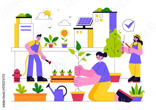 Urban Farming Rooftop Garden Vector Illustration Featuring Eco Agriculture Gardening on the Roof with Growing Plants and Cultivation of Nature