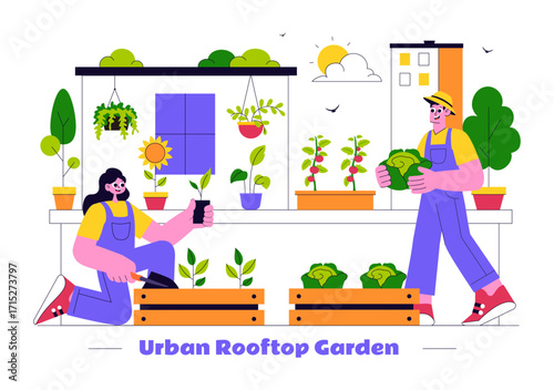Urban Farming Rooftop Garden Vector Illustration Featuring Eco Agriculture Gardening on the Roof with Growing Plants and Cultivation of Nature