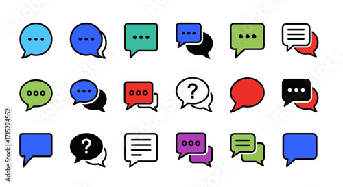 Collection of Colorful and Stylized Speech Bubbles with Various Shapes and Icons.