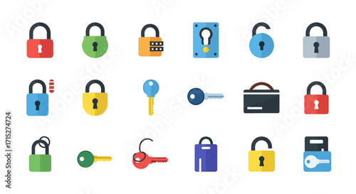 Collection of Colorful Flat Design Locks and Keys.