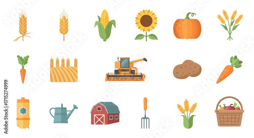 Collection of Colorful Flat Vector Illustrations Depicting Farm and Harvest Elements.