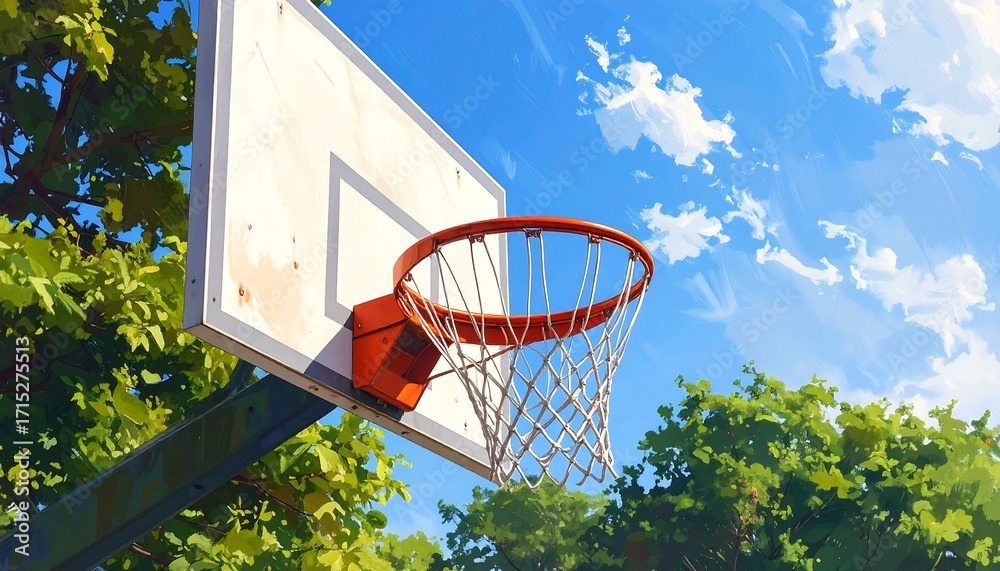 Naklejka premium Outdoor Basketball Hoop Under Sunny Sky Vibrant Artwork