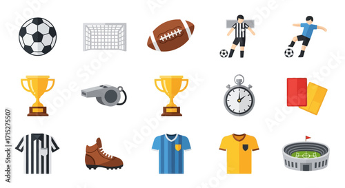 Collection of Colorful Soccer and Football Icons, Representing Sports Equipment and Elements.