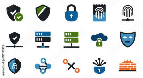 Collection of Digital Security and Network Icons Representing Protection.