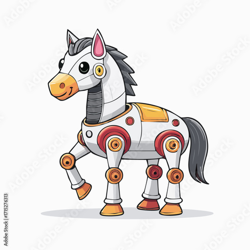 Charming futuristic mechanical horse illustration, featuring a playful robot animal design, perfect for children's themes, technology concepts, and imaginative digital art projects