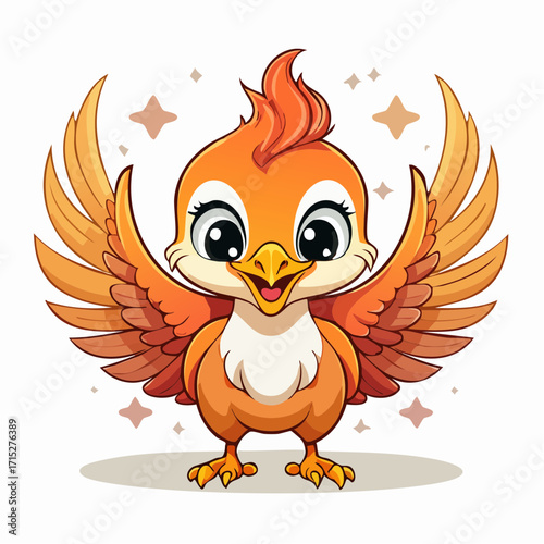 Adorable cartoon phoenix chick spreading its wings with a sparkly background