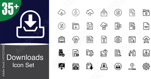 Modern collection of 35+ download icons for digital content and data transfer
