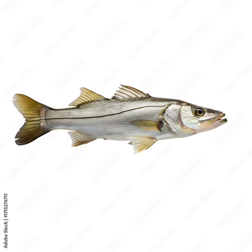 Fototapeta premium Snook fish, side view, isolated on white background, whole fish, silver and yellow fins