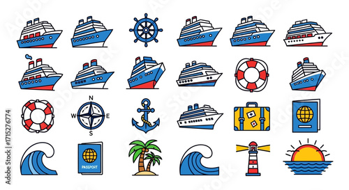 Collection of Hand-Drawn Cruise Ship and Nautical Icons.