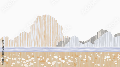 Minimalist abstract landscape featuring a serene scene of flower field scene with big fluffy clouds filled with lines of muted purple and grey tones