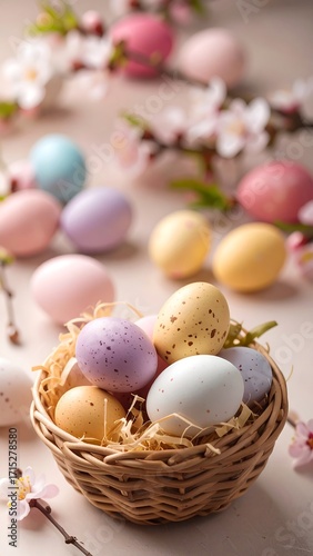 Pastel Easter eggs in a basket with blossoms