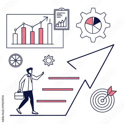 Business growth and success concept with a businessman climbing stairs towards a rising arrow chart and target