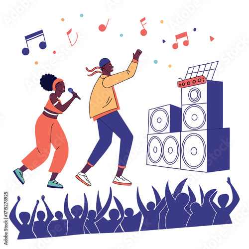 Energetic male and female performers singing and dancing with a large speaker system and cheering crowd