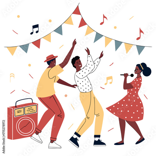 Joyful black people dancing and singing at a vibrant party with music and festive decorations