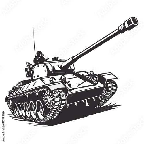 A detailed black and white illustration of a powerful military tank with its cannon raised and ready for action