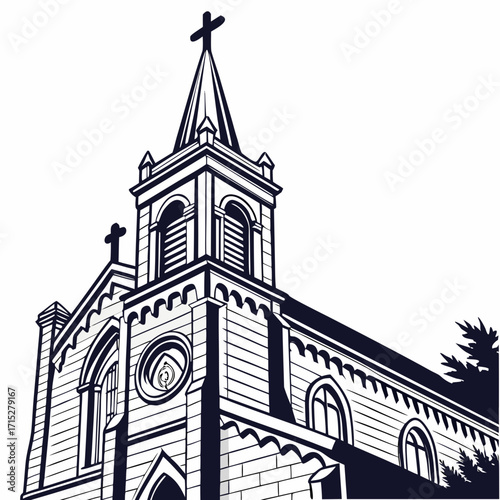 Classic church building with a tall steeple and crosses viewed from a low angle against a white background