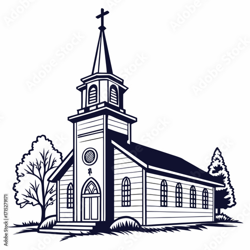 Classic wooden country church with a tall steeple and cross surrounded by trees and grass