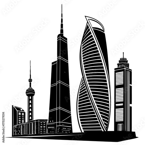 Modern city skyline silhouette featuring iconic skyscrapers and architectural landmarks against a white background