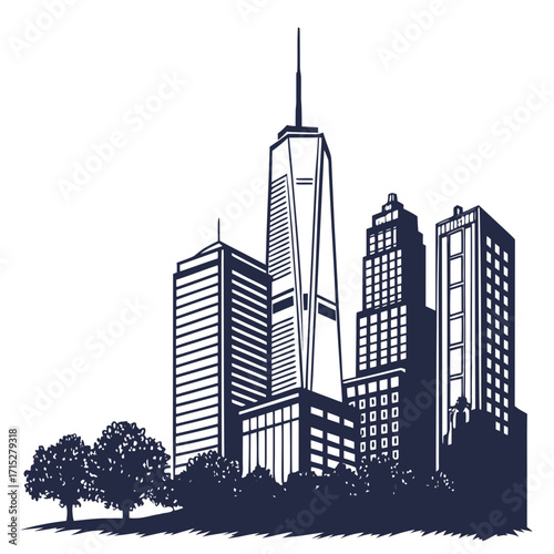 Modern city skyline silhouette featuring iconic skyscrapers and lush trees against a clean white background