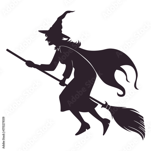 Silhouette of a classic witch with a pointed hat and flowing cape flying on a broomstick against a white background