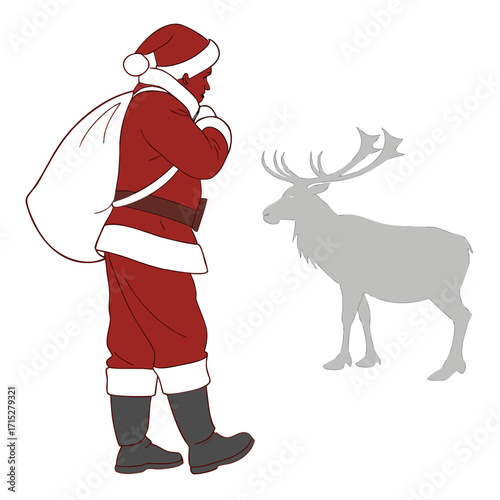Santa claus with a sack of gifts standing next to a reindeer with large antlers on a white background