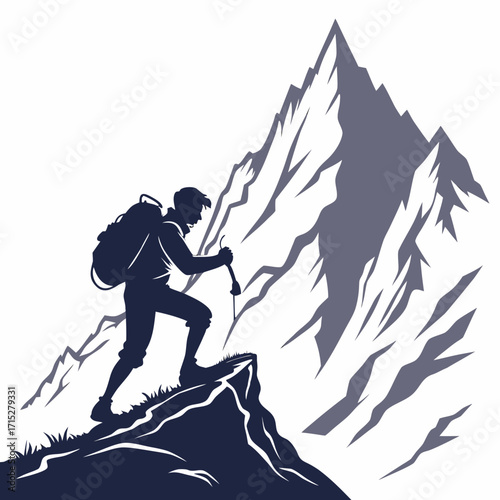 Silhouette of a determined hiker with a backpack and trekking pole ascending a steep rocky mountain peak