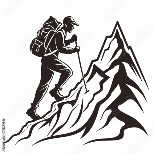 Silhouette of a determined hiker with a large backpack ascending a steep rocky mountain peak using trekking poles