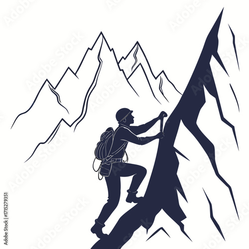 Silhouette of a determined mountaineer with a backpack and ice axe climbing a steep rocky mountain peak against a backdrop of majestic mountain ranges