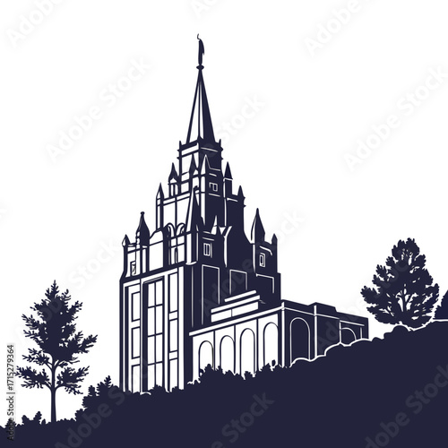 Silhouette of a grand gothic style building with a tall spire and statue against a white background with trees